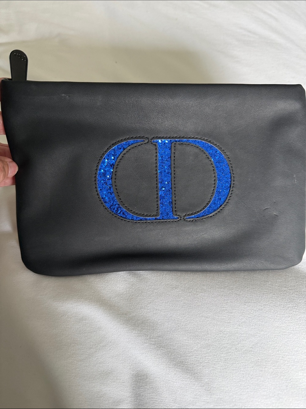 Christian Dior Black Leather Clutch or makeup bag with Blue Sequin CD logo